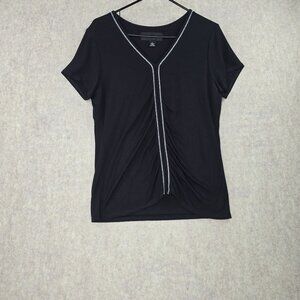 Colleen Lopez Womens Black V-Neck Top With Chain Trim Size Large
